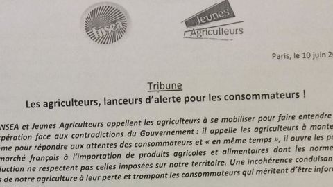 Tribune cosignée par la FNSEA et JA le 10 juin 2018. Tribune cosignée par la FNSEA et JA le 10 juin 2018.